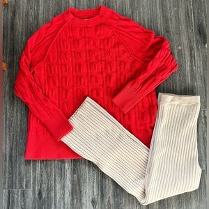 New Aerie Red Cable Knit Sweater with Cream Ribbed Pants leggings